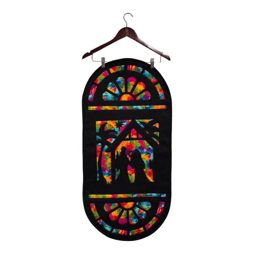Nativity Table-Runner Wall Hanging Stained Glass Look Christmas Colorful 38x18 - Picture 1 of 14